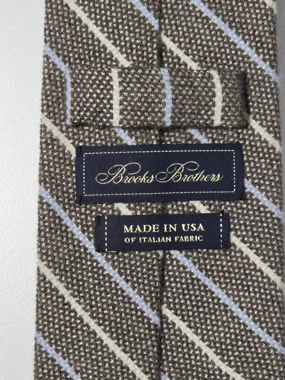Brooks Brothers Cashmere Silk Tie Brown Gray Blue White Stripes Made in USA